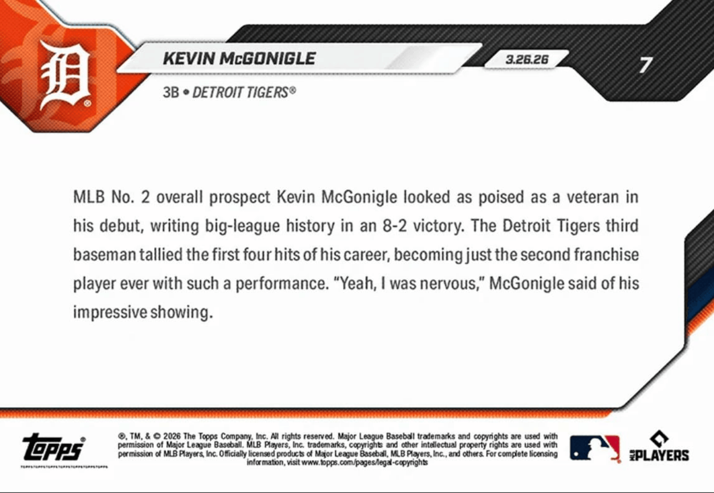 2026 Topps Now Kevin McGonigle #7 2nd Club Player with 4 Hit Game in MLB Debut Detroit Tigers Rookie RC Baseball Card