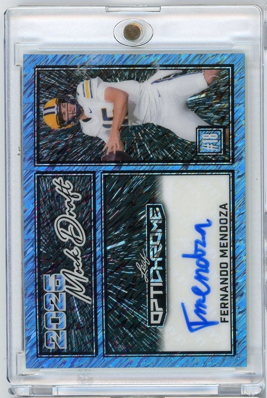 2025 Leaf Optichrome Fernando Mendoza #MAFM1 /7 2026 Mock Draft Blue Lazer Auto Rookie RC Football Card