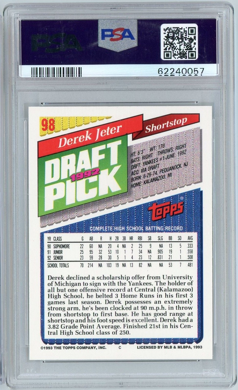1993 Topps Gold Derek Jeter #98 Rookie RC Baseball Card PSA 9 Mint