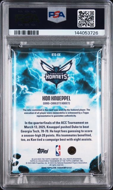 Graded 2025 Topps Kon Knueppel #RTOKK Rise to the Occasion Player Worn Relic Rookie RC Basketball Card PSA 9 Mint