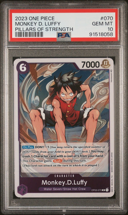 Graded 2023 One Piece Monkey D Luffy #070 OP03 Pillars of Strength Trading Card Game PSA 10 Gem Mint