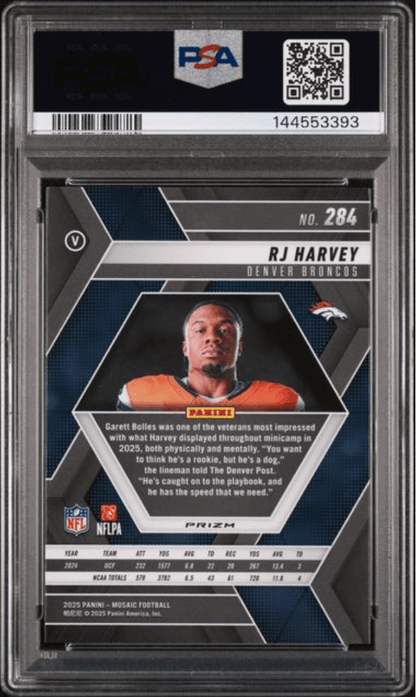 Graded 2025 Panini Mosaic RJ Harvey #284 Green Rookie RC Football Card PSA 10 Gem Mint