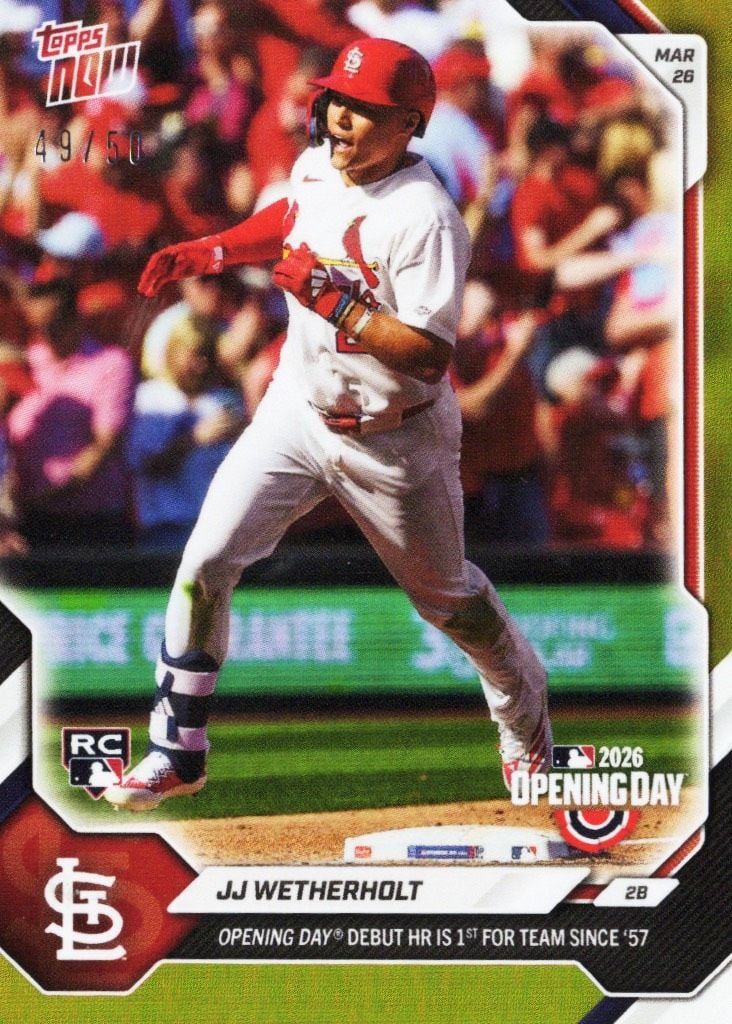 2026 Topps Now JJ Wetherholt #8 Gold Foil /50 Opening Day, Debut Home Run is 1st for Team Since 1957 St Louis Cardinals Rookie RC Baseball Card