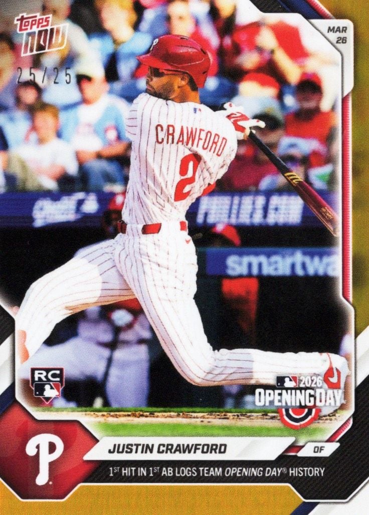 2026 Topps Now Justin Crawford #9 Orange Foil /25 1st Hit in 1st At Bat Logs Team Opening Day History Philadelphia Phillies Rookie RC Baseball Card