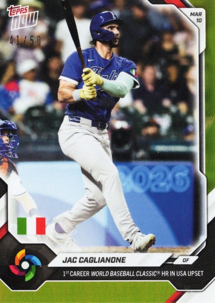 2026 Topps Now Jac Caglianone #WB23 Gold Foil /50 1st Career World Baseball Classic Home Run in USA Upset Team Italy Rookie RC Baseball Card