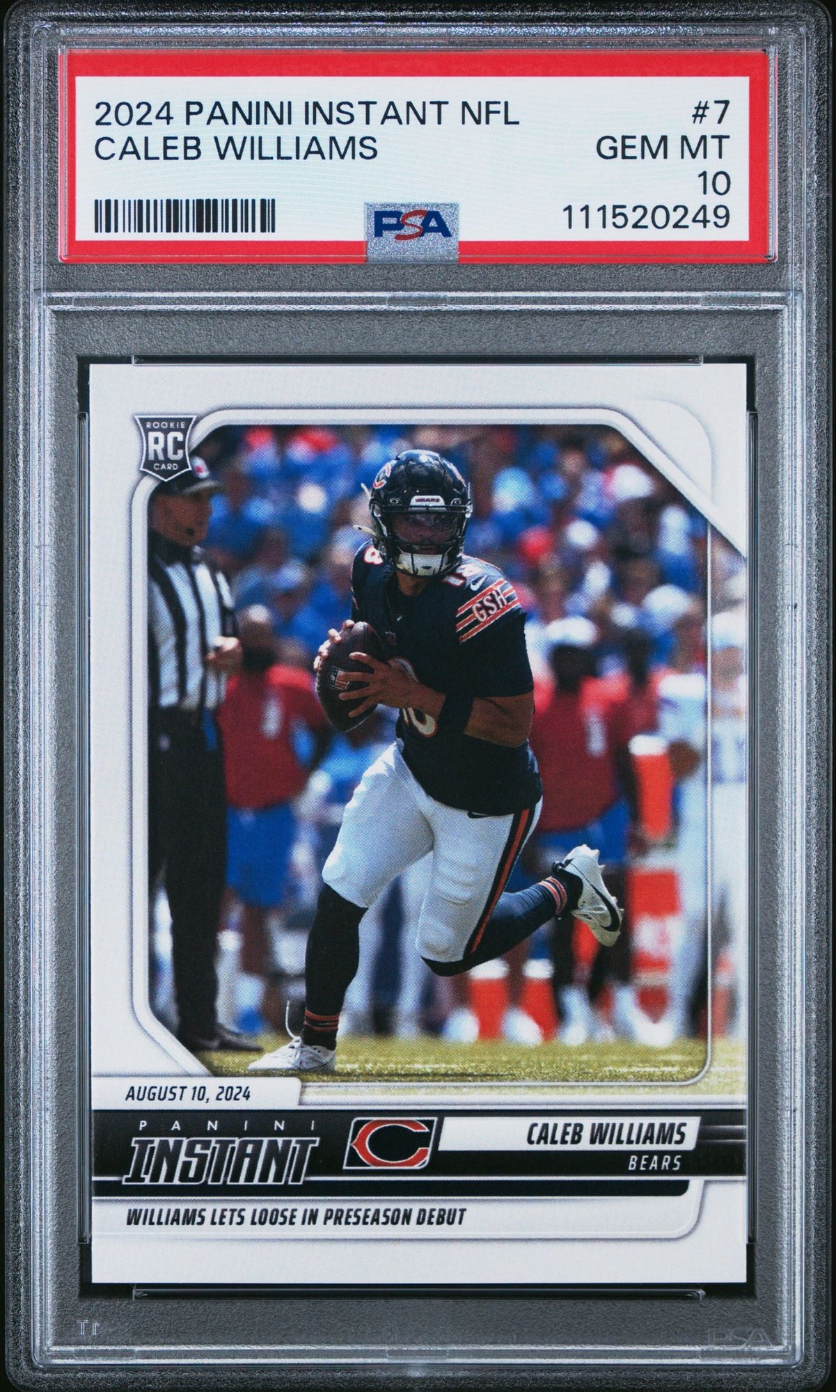 Graded 2024 Panini Instant Caleb Williams #7 Preseason Debut Rookie RC Football Card PSA 10 Gem Mint