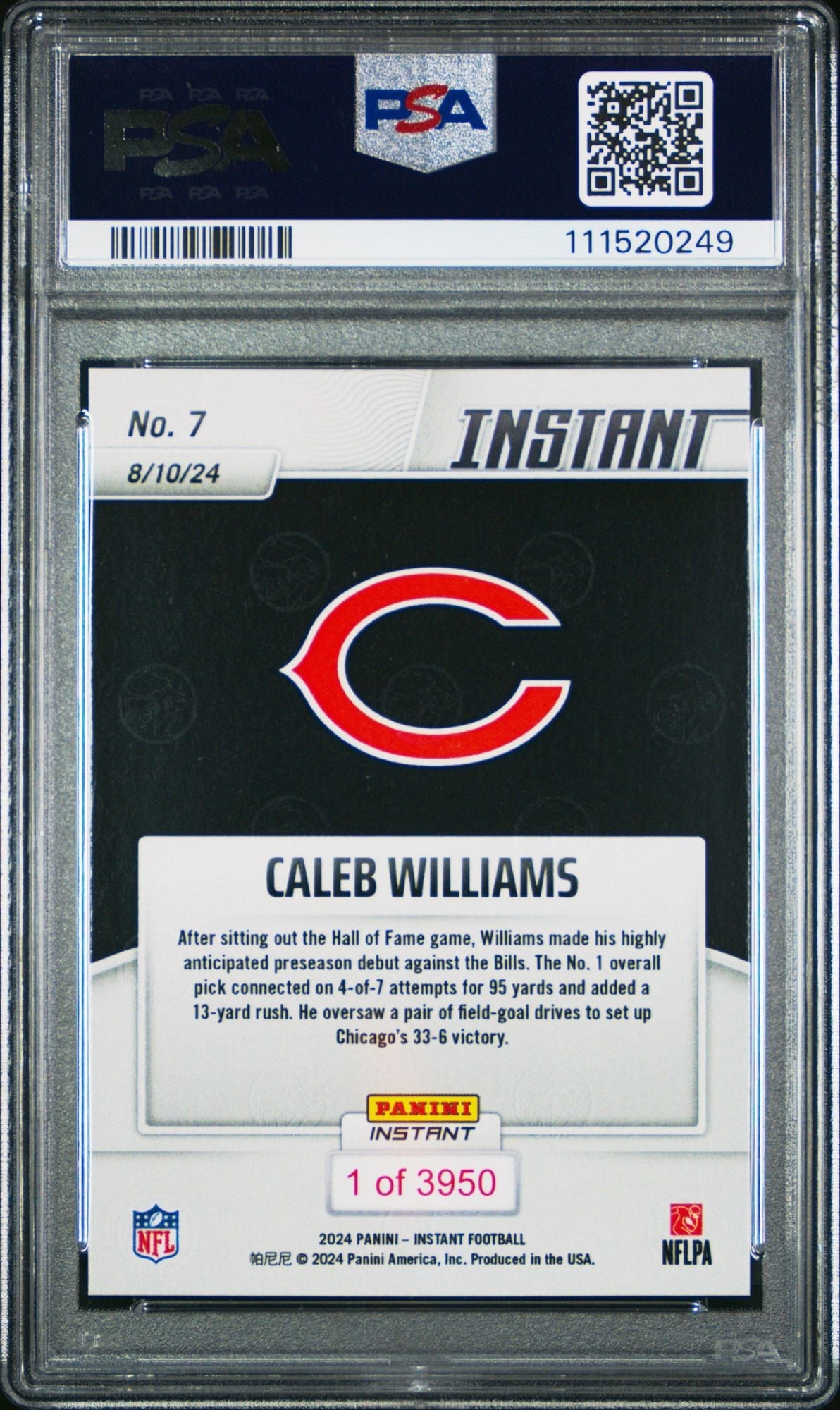 Graded 2024 Panini Instant Caleb Williams #7 Preseason Debut Rookie RC Football Card PSA 10 Gem Mint