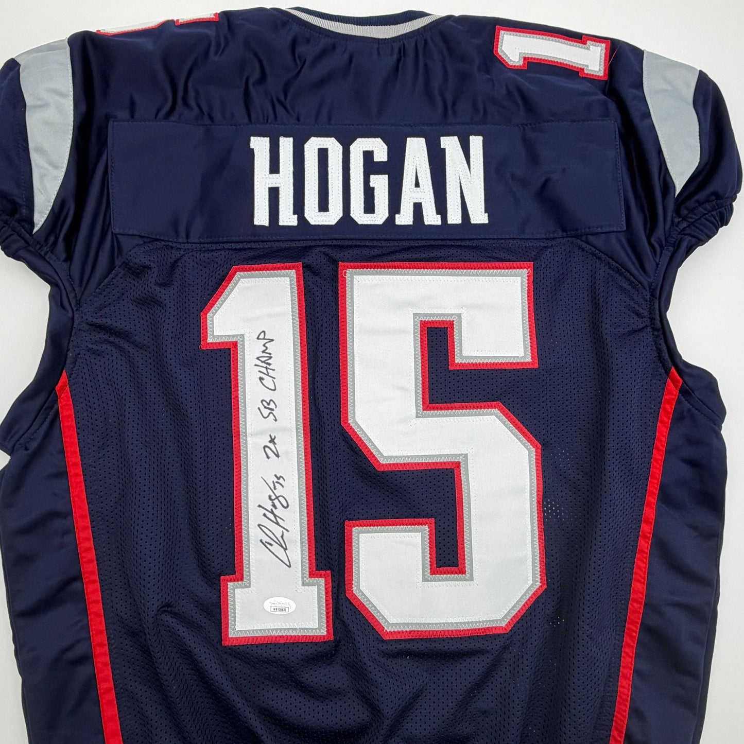 Autographed/Signed Chris Hogan 2x SB Champ New England Blue Pro Cut Football Jersey JSA COA