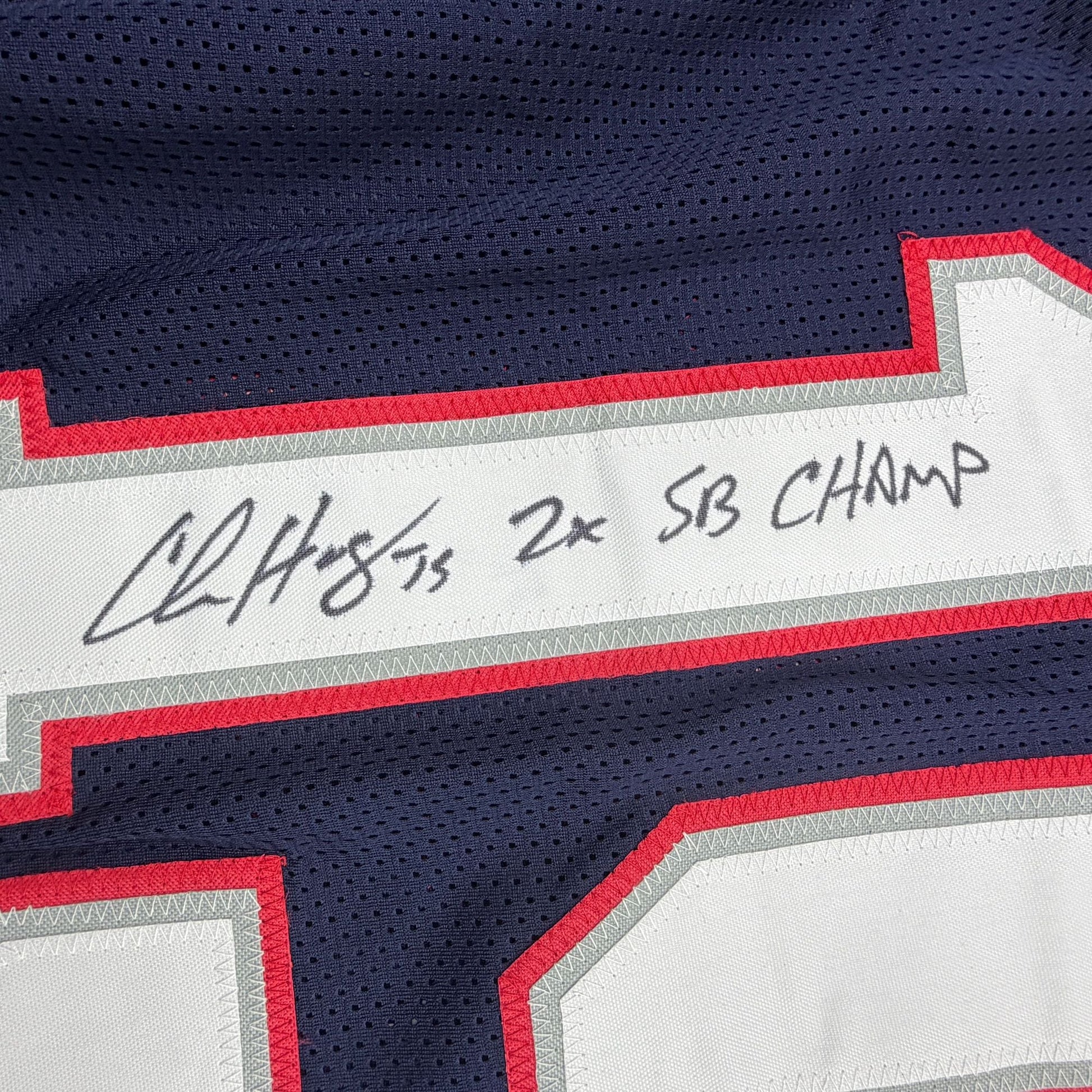 Autographed/Signed Chris Hogan 2x SB Champ New England Blue Pro Cut Football Jersey JSA COA