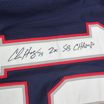 Autographed/Signed Chris Hogan 2x SB Champ New England Blue Pro Cut Football Jersey JSA COA