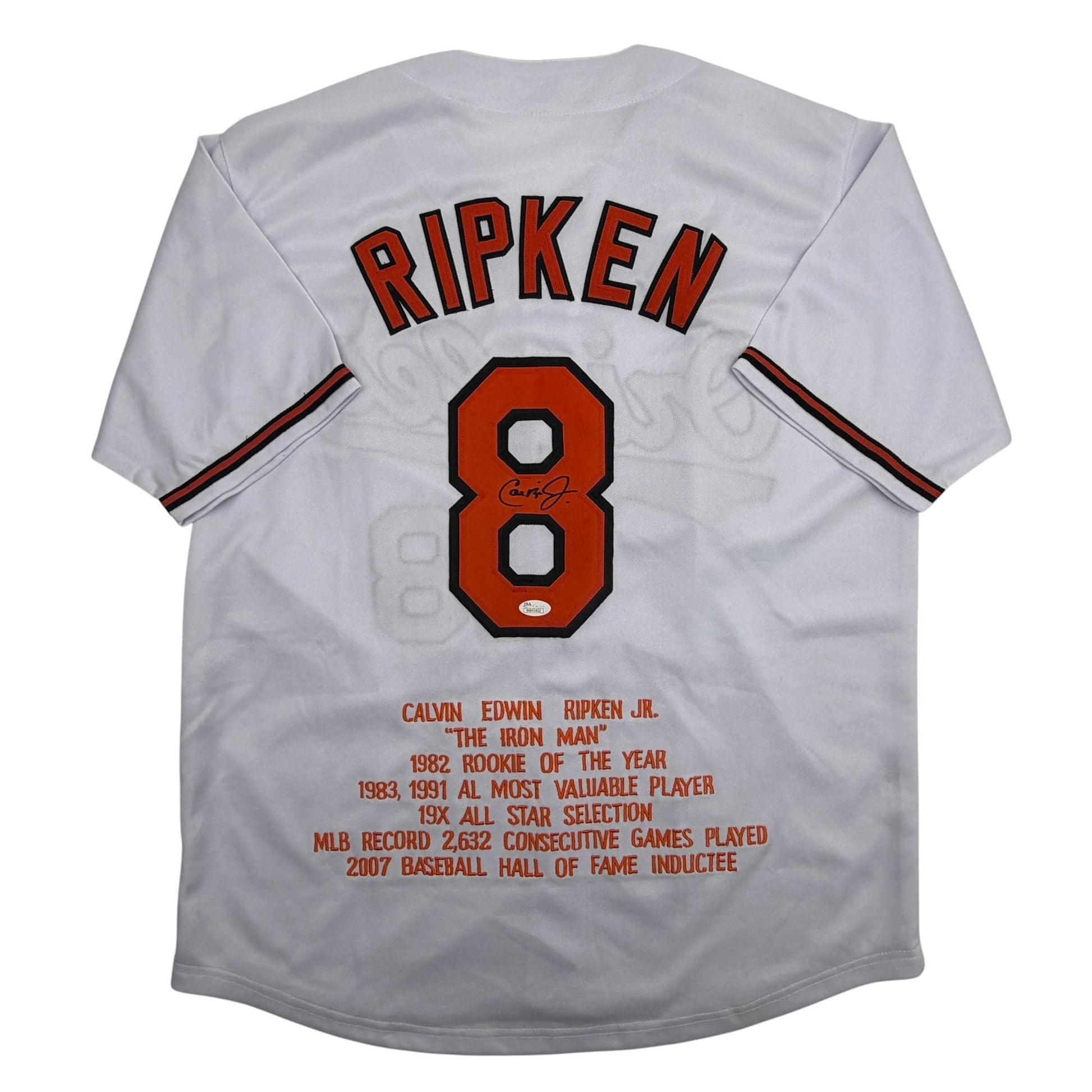 Autographed/Signed Cal Ripken Jr. Baltimore White Stat Baseball Jersey JSA COA