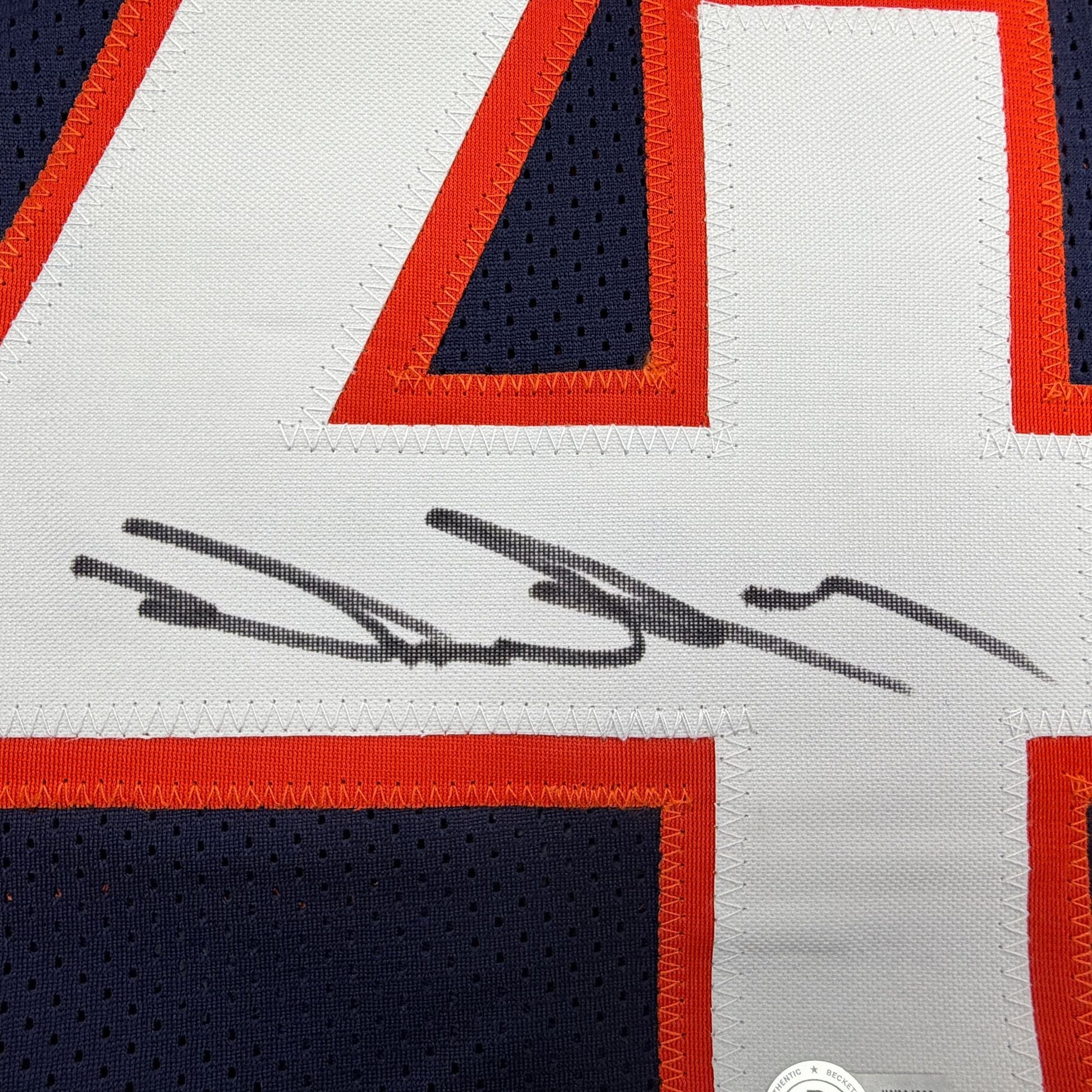 Autographed/Signed Drew Sanders Denver Blue Pro Cut Football Jersey Beckett BAS COA