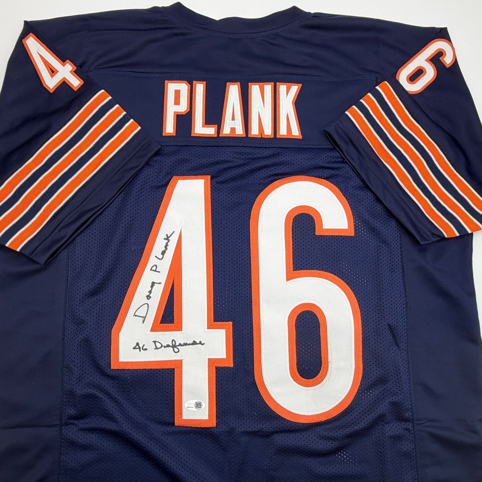 Autographed/Signed Doug Plank Chicago Blue Football Jersey JSA COA