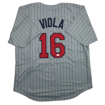 Autographed/Signed Frank Viola Minnesota Grey Pinstripe Baseball Jersey JSA COA