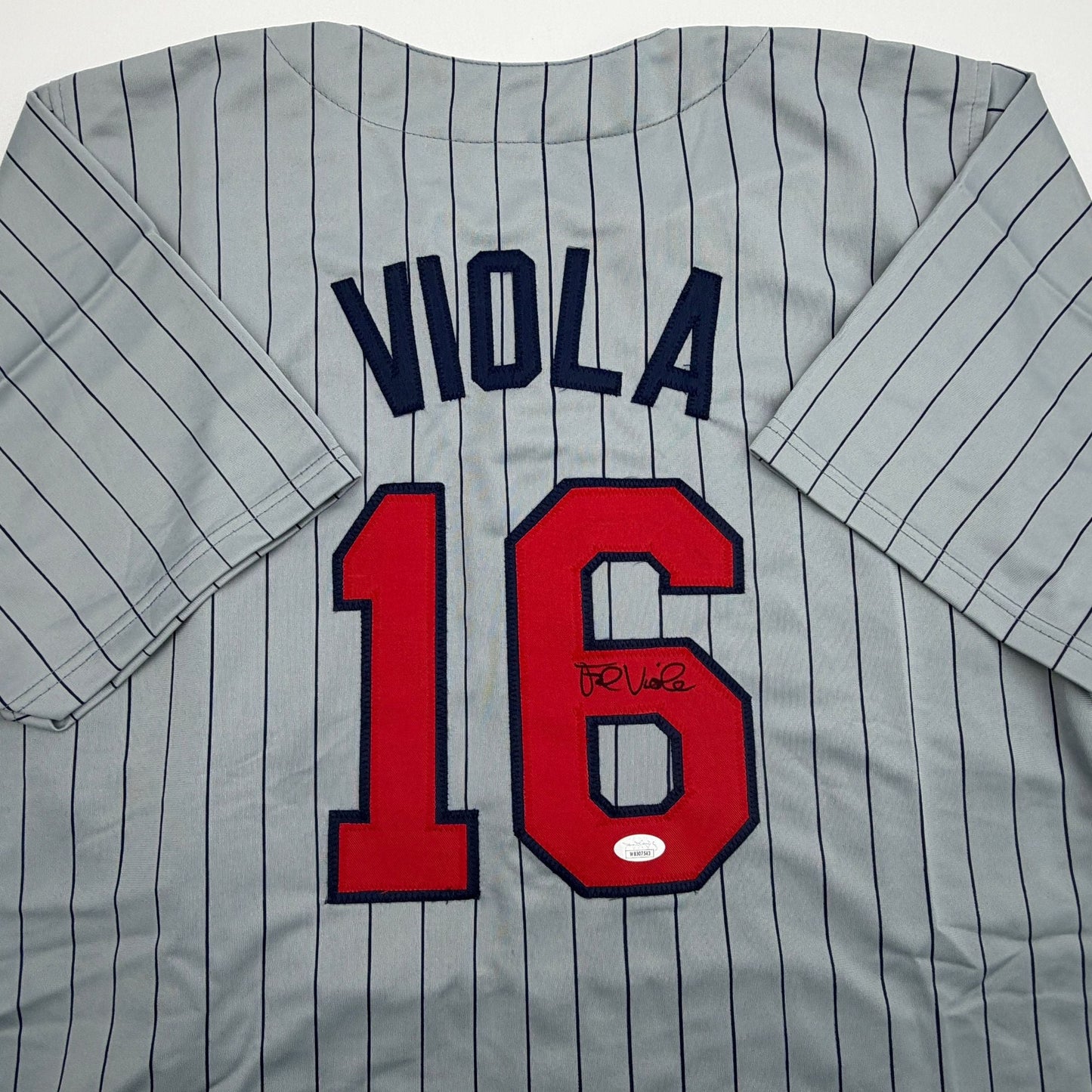 Autographed/Signed Frank Viola Minnesota Grey Pinstripe Baseball Jersey JSA COA