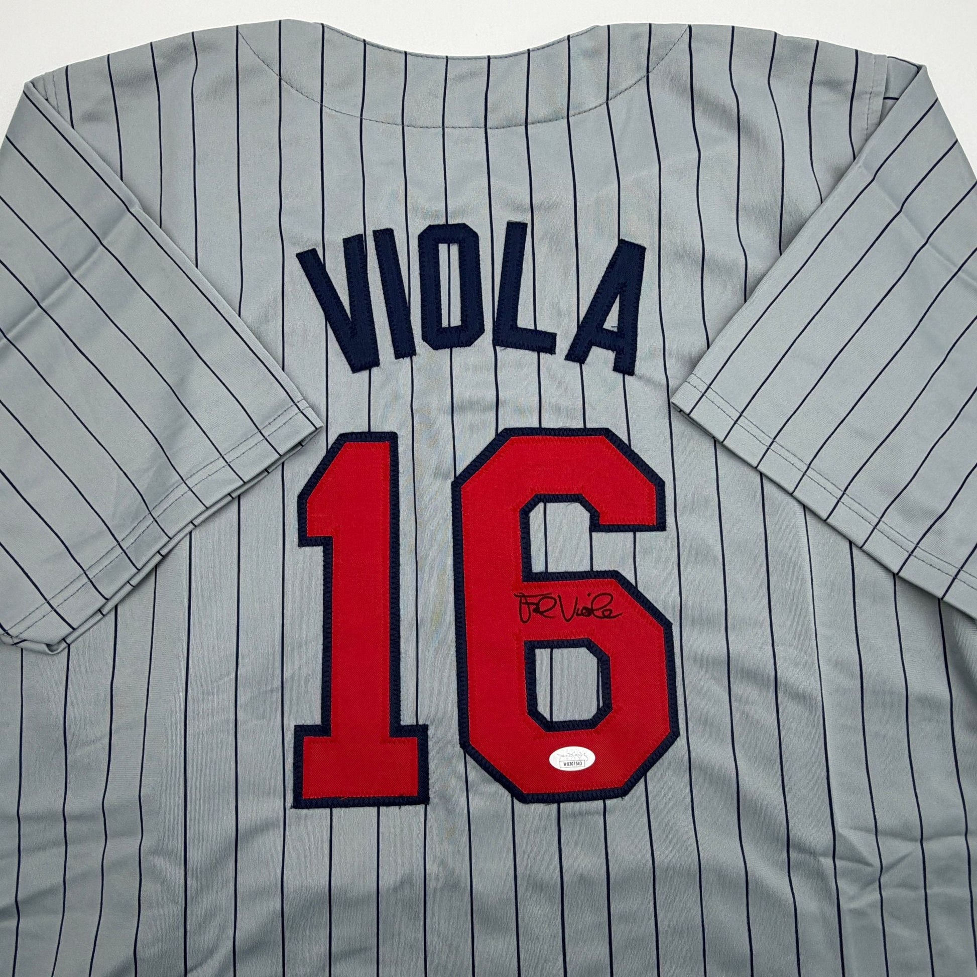 Autographed/Signed Frank Viola Minnesota Grey Pinstripe Baseball Jersey JSA COA