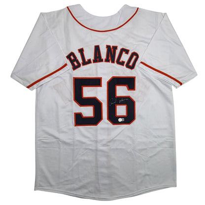 Autographed/Signed Ronel Blanco Houston White Baseball Jersey Beckett BAS COA