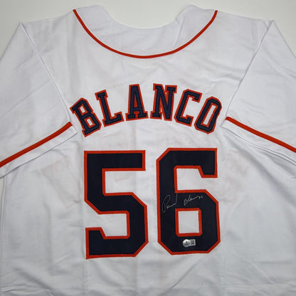 Autographed/Signed Ronel Blanco Houston White Baseball Jersey Beckett BAS COA