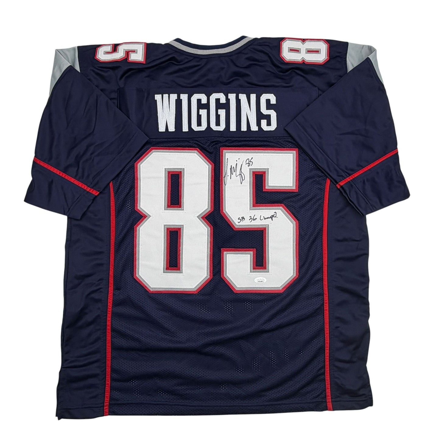 Autographed/Signed Jermaine Wiggins SB 36 Champs New England Blue Football Jersey JSA COA