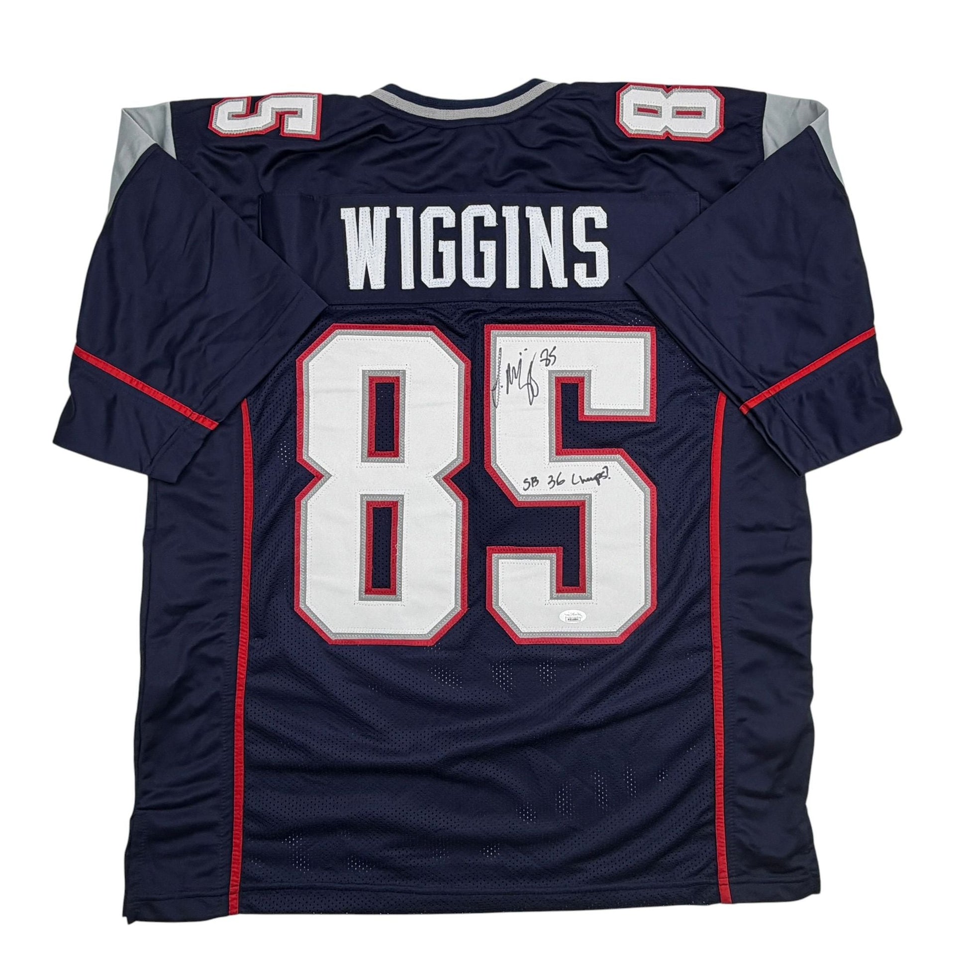 Autographed/Signed Jermaine Wiggins SB 36 Champs New England Blue Football Jersey JSA COA