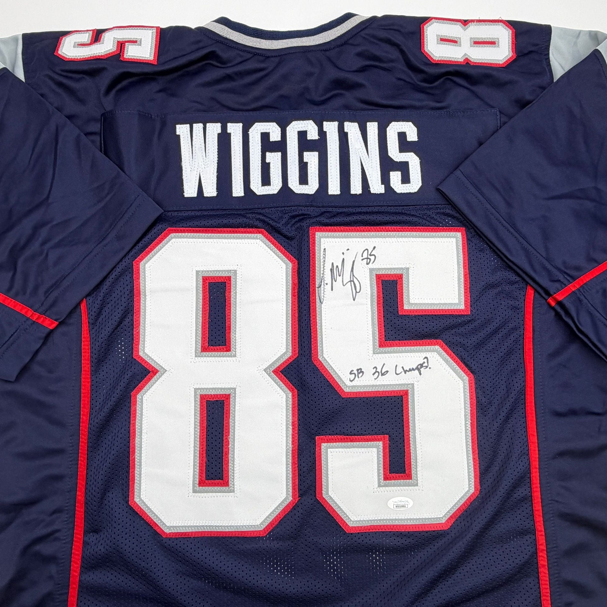 Autographed/Signed Jermaine Wiggins SB 36 Champs New England Blue Football Jersey JSA COA