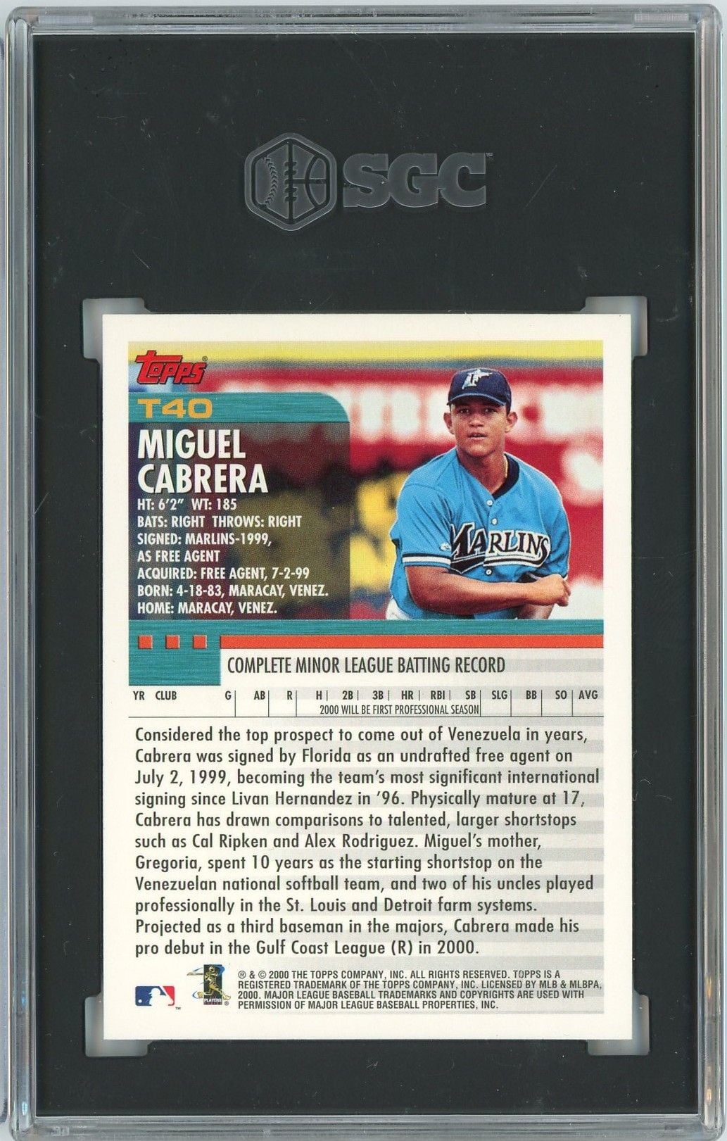 Graded 2000 Topps Traded Miguel Cabrera #T40 Rookie RC Baseball Card SGC 9 Mint
