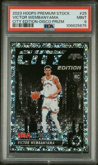 Graded 2023 Hoops Premium Stock Victor Wembanyama #25 City Edition Disco Prizm Rookie RC Basketball Card PSA 9 Mint