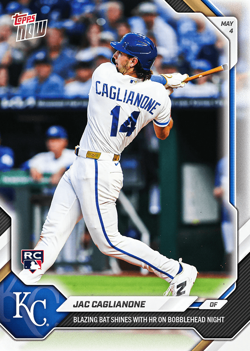 2026 Topps Now Jac Caglianone #161 Blazing Bat Shines with Home Run on Bobblehead Night Kansas City Royals Rookie RC Baseball Card