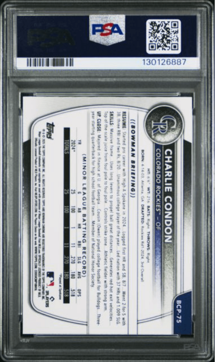 Graded 2025 Topps Bowman Charlie Condon #BCP75 Chrome Prospects Fuchsia Wave /199 Rookie RC Baseball Card PSA 10 Gem Mint