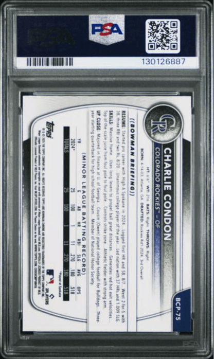 Graded 2025 Topps Bowman Charlie Condon #BCP75 Chrome Prospects Fuchsia Wave /199 Rookie RC Baseball Card PSA 10 Gem Mint