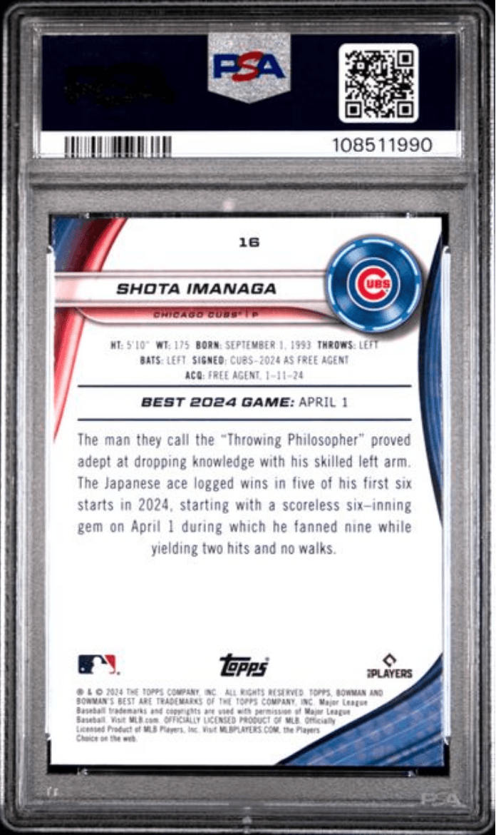 Graded 2024 Topps Bowmans Best Shota Imanaga #16 Rookie RC Baseball Card PSA 10 Gem Mint