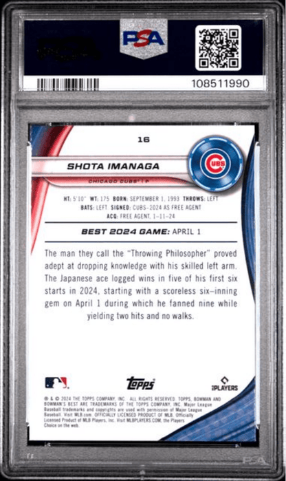 Graded 2024 Topps Bowmans Best Shota Imanaga #16 Rookie RC Baseball Card PSA 10 Gem Mint