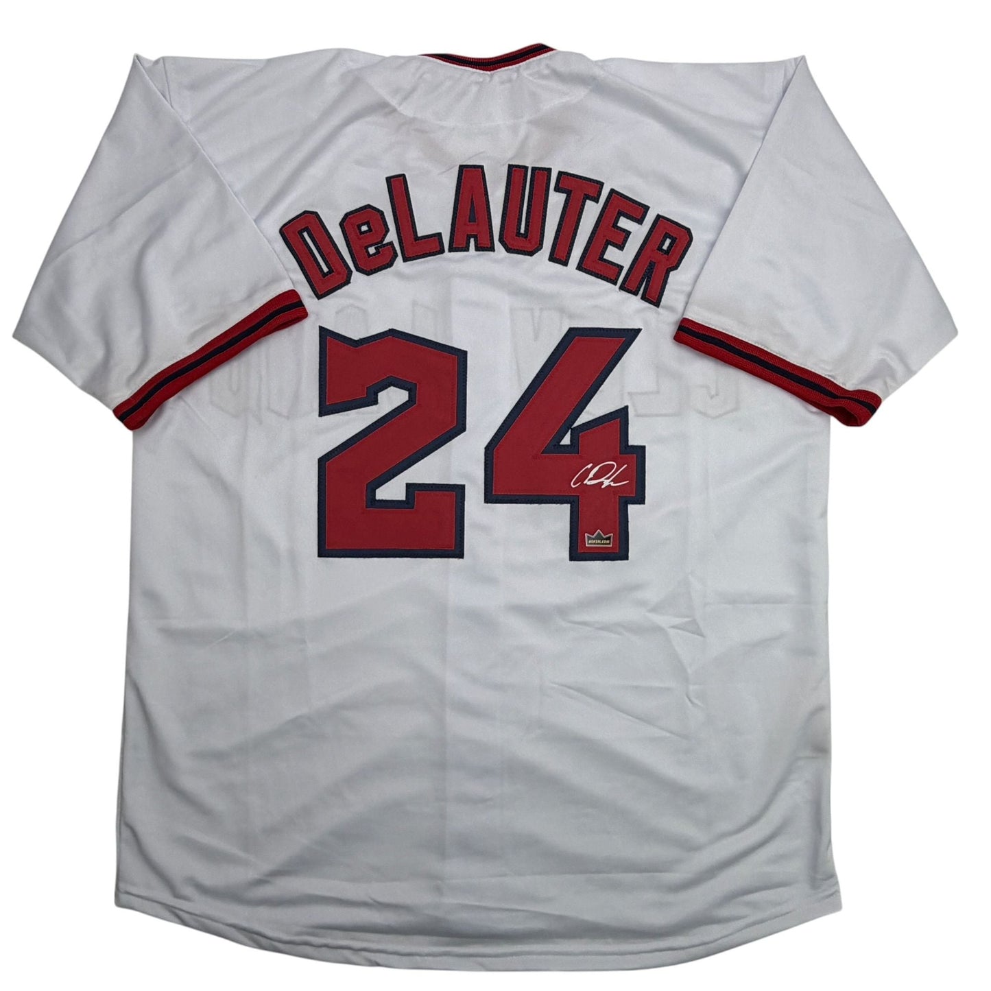 Facsimile Autographed Chase DeLauter Cleveland White Reprint Laser Auto Baseball Jersey Size Men's XL