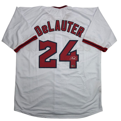Facsimile Autographed Chase DeLauter Cleveland White Reprint Laser Auto Baseball Jersey Size Men's XL
