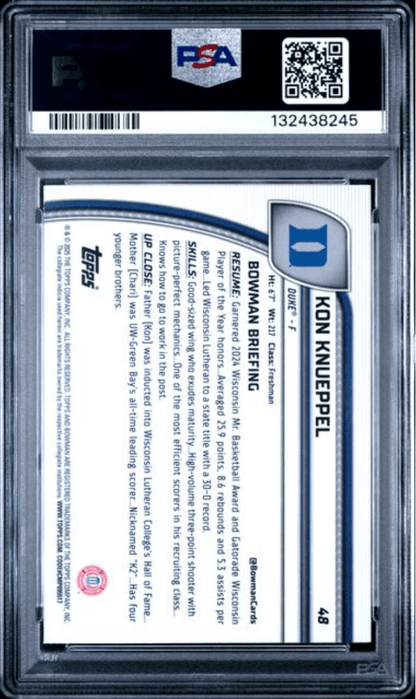 Graded 2024 Topps Bowman Chrome U Kon Knueppel #48 Rookie RC Basketball Card PSA 10 Gem Mint