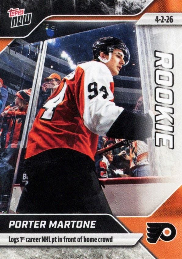 2025 Topps Now Porter Martone #138 Black Ice /10 Logs 1st Career NHL Point in Front of Home Crowd Philadelphia Flyers Rookie RC Hockey Card