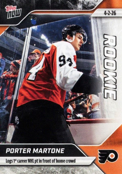 2025 Topps Now Porter Martone #138 Black Ice /10 Logs 1st Career NHL Point in Front of Home Crowd Philadelphia Flyers Rookie RC Hockey Card