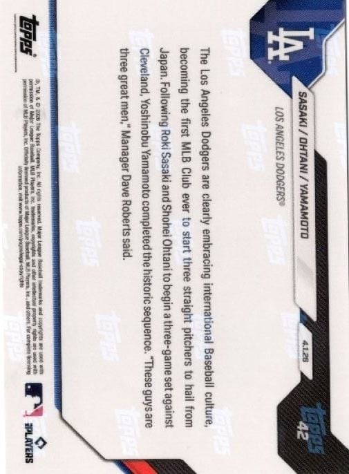 2026 Topps Now Roki Sasaki/Shohei Ohtani/Yoshinobu Yamamoto #42 Red Foil /5 1st MLB Club to Start 3 Consecutive Japanese Pitchers Los Angeles Dodgers Baseball Card