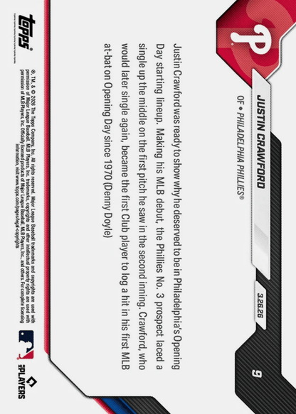 2026 Topps Now Justin Crawford #39 Orange Foil /25 Youngest Club Player with Walk Off Hit Since '97 Philadelphia Phillies Rookie RC Baseball Card
