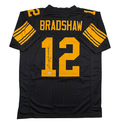 Autographed/Signed Terry Bradshaw Pittsburgh Black Color Rush Football Jersey Beckett BAS COA
