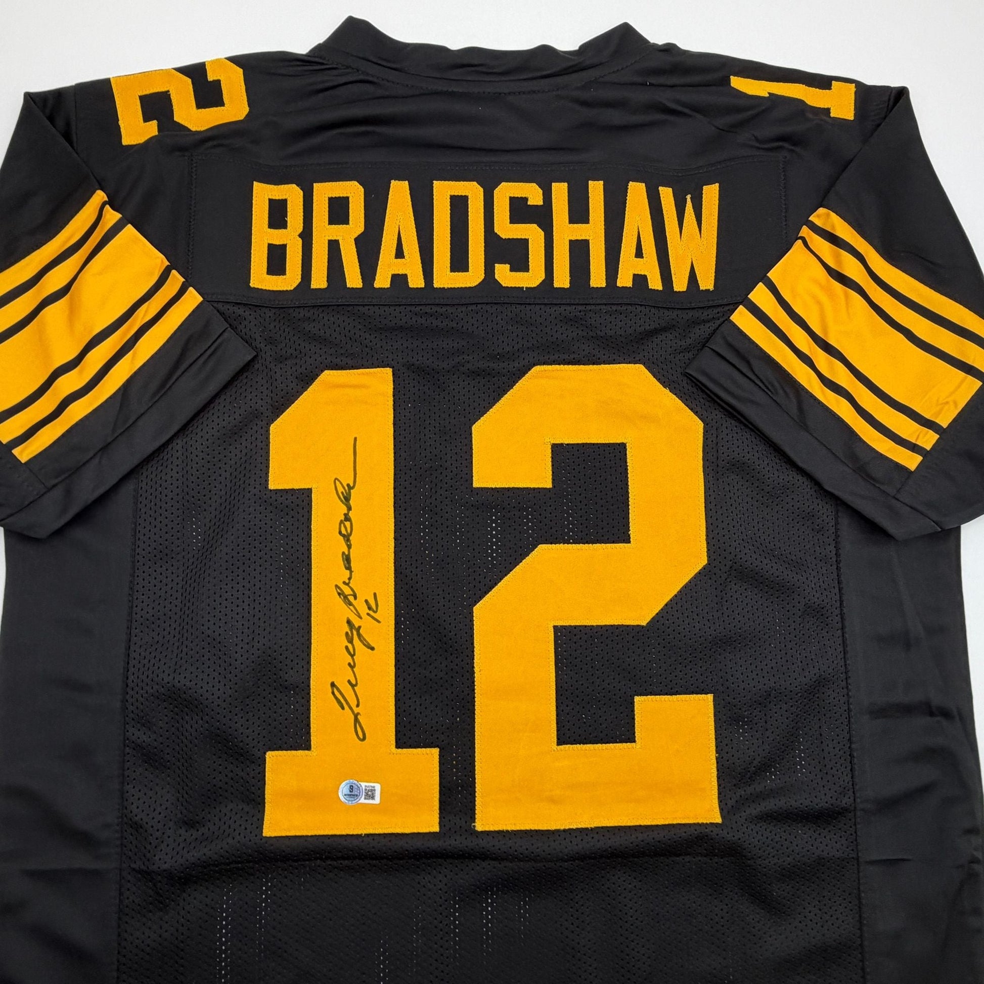 Autographed/Signed Terry Bradshaw Pittsburgh Black Color Rush Football Jersey Beckett BAS COA