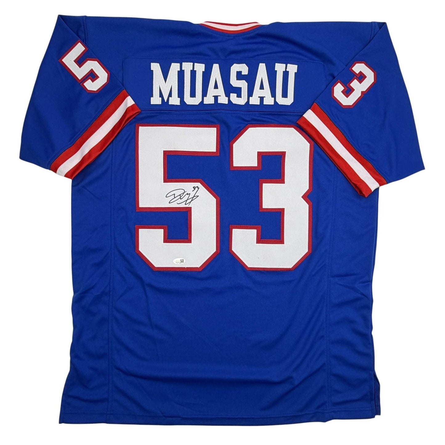 Autographed/Signed Darius Muasau New York Blue Retro Football Jersey JSA COA