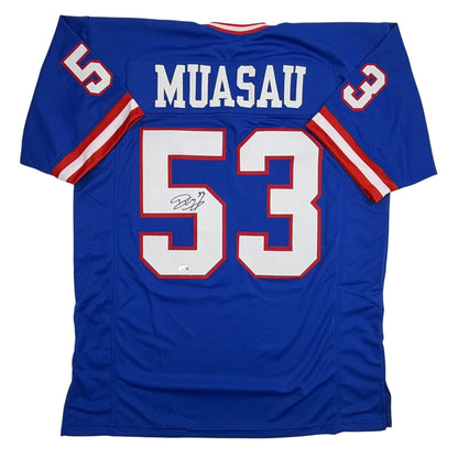 Autographed/Signed Darius Muasau New York Blue Retro Football Jersey JSA COA