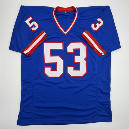 Autographed/Signed Darius Muasau New York Blue Retro Football Jersey JSA COA