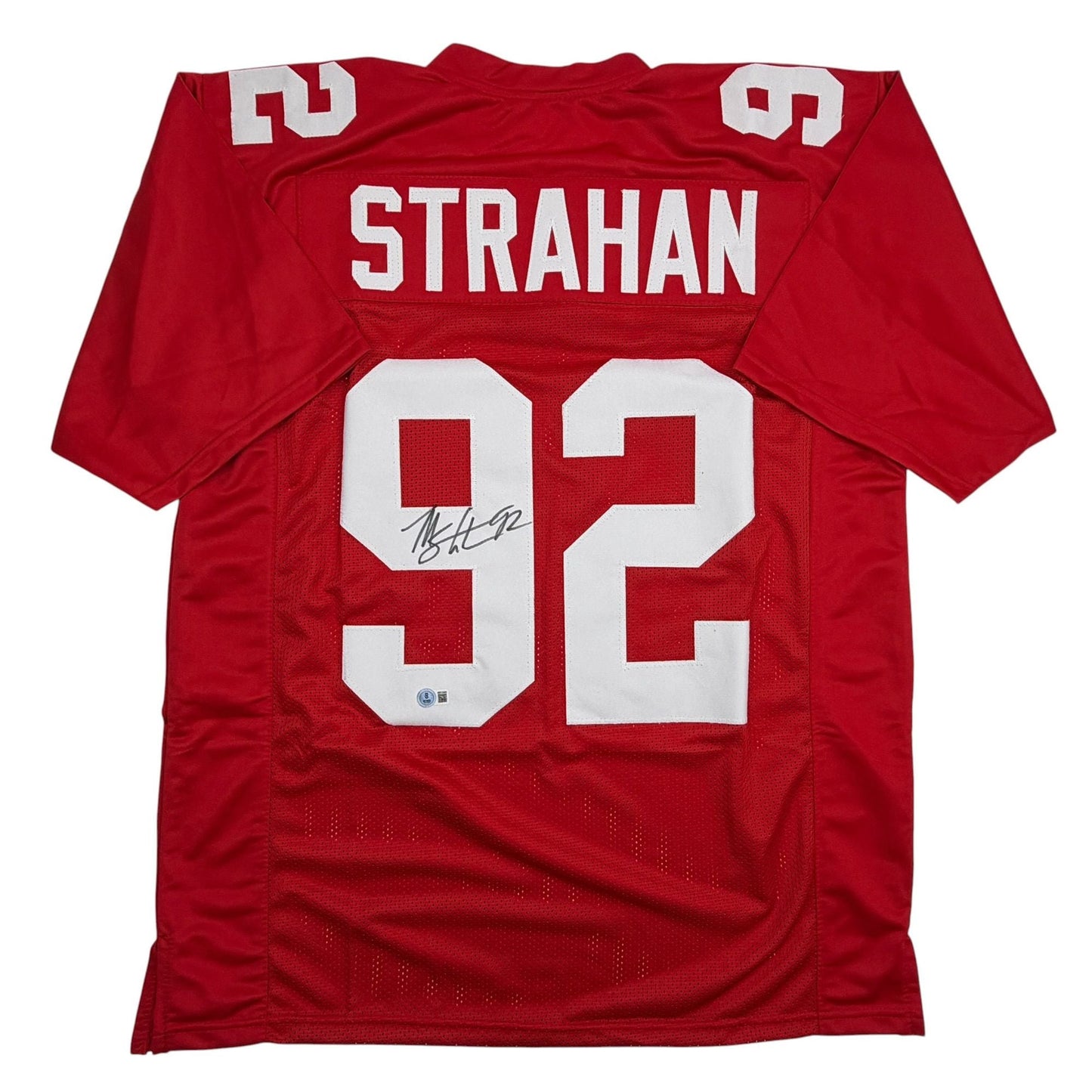 Autographed/Signed Michael Strahan New York Red Football Jersey Beckett BAS COA