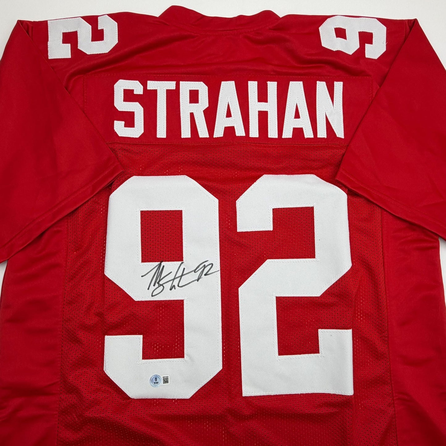 Autographed/Signed Michael Strahan New York Red Football Jersey Beckett BAS COA