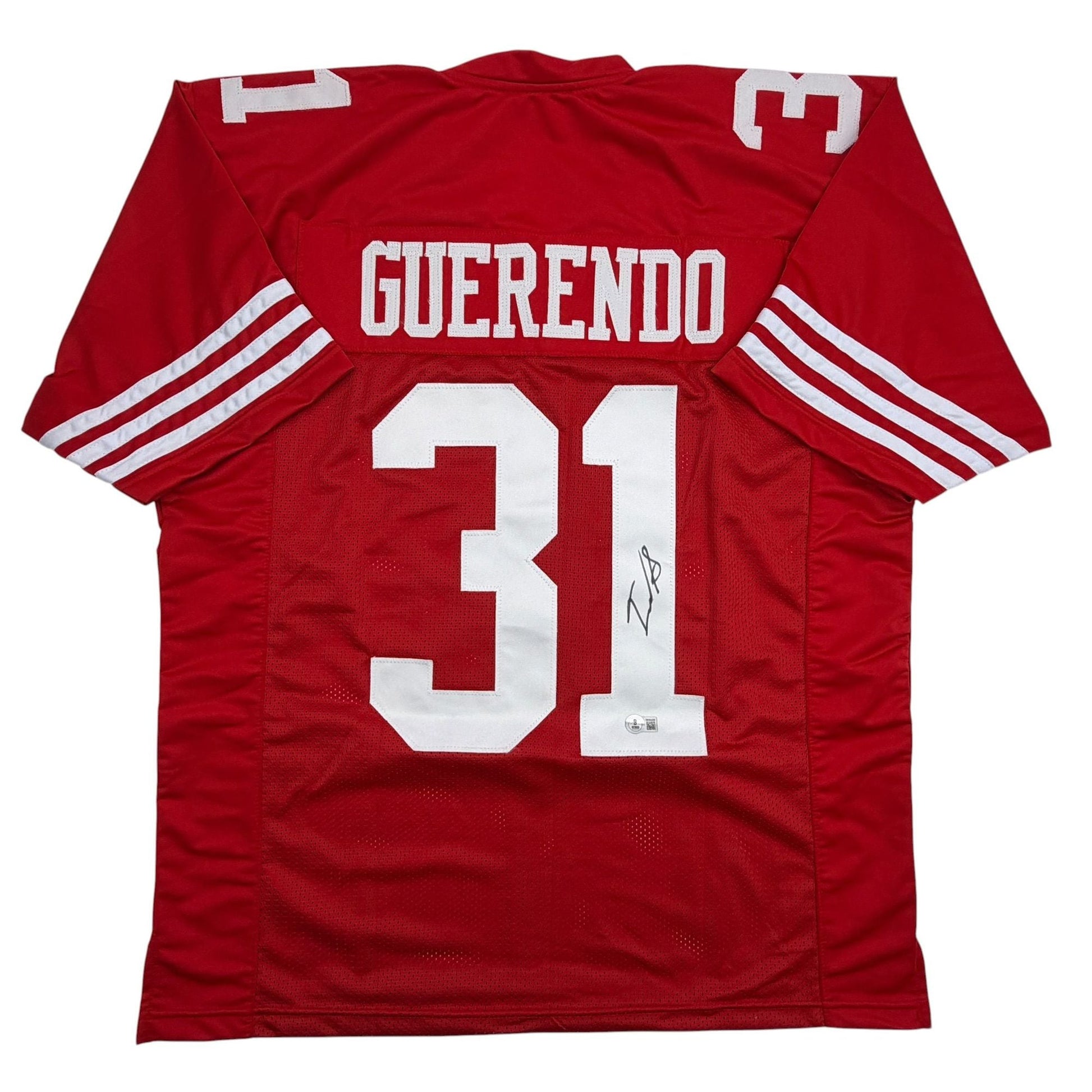 Autographed/Signed Isaac Guerendo San Francisco Red Football Jersey Beckett BAS COA