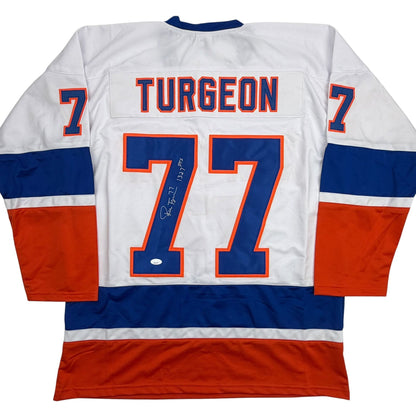 Autographed/Signed Pierre Turgeon New York White Hockey Jersey JSA COA