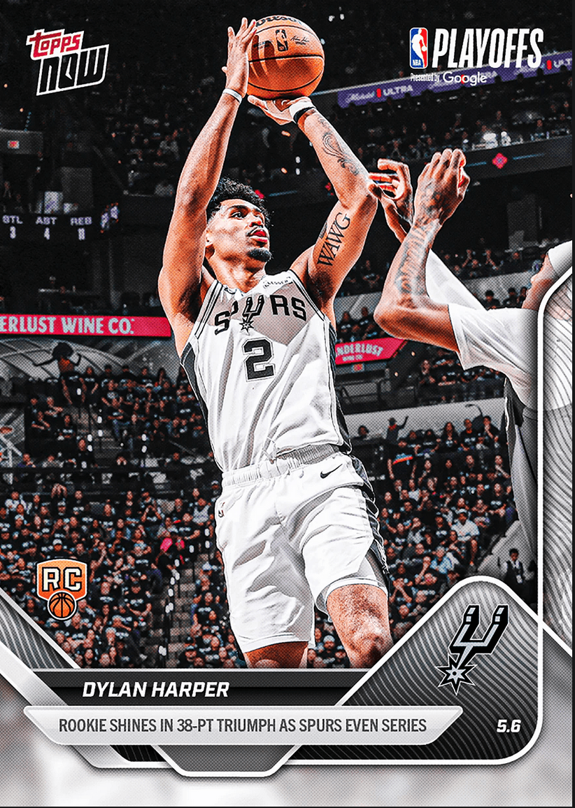 2025 Topps Now Dylan Harper #297 Rookie Shines in 38 Point Triumph As Spurs Even Series San Antonio Spurs Rookie RC Basketball Card