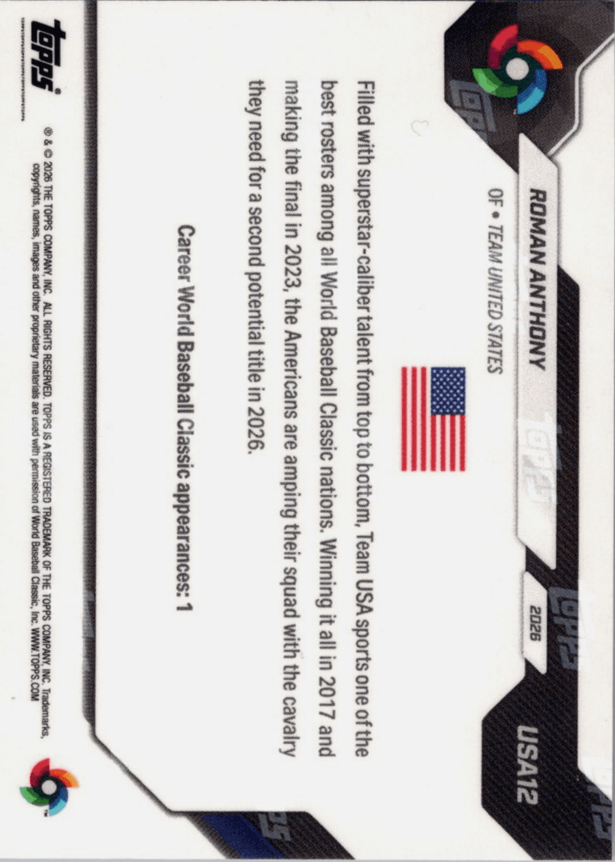 2026 Topps Now WBC Roman Anthony #USA12 Logo Refractor Team USA Baseball Card